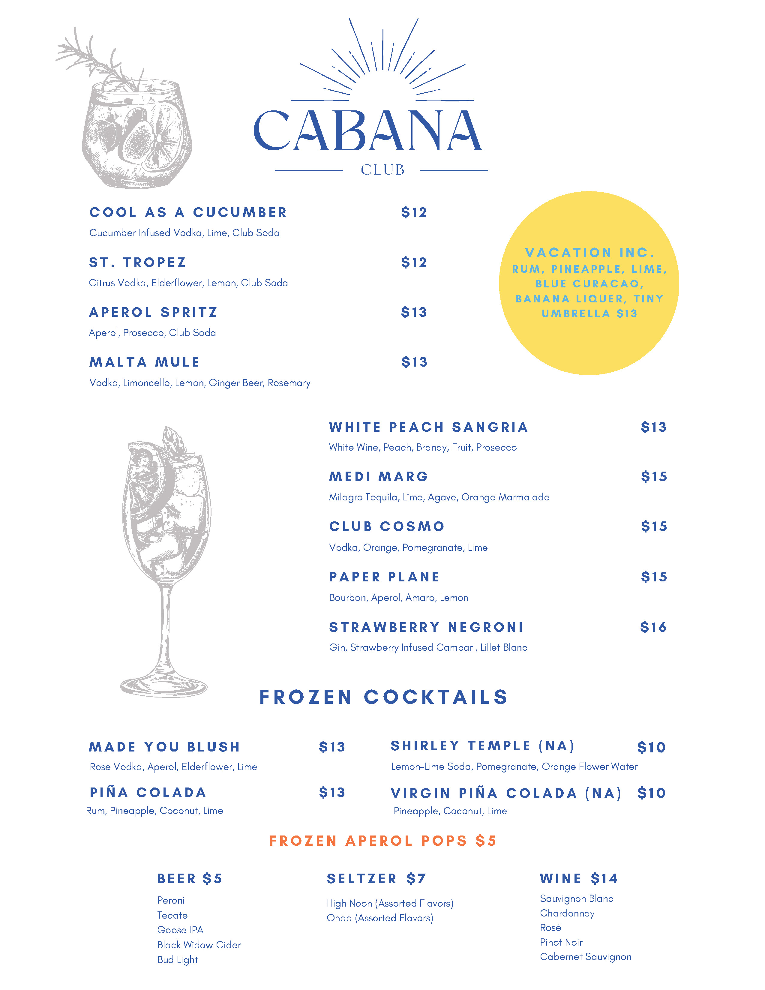 Cabana Club Menu Page 1