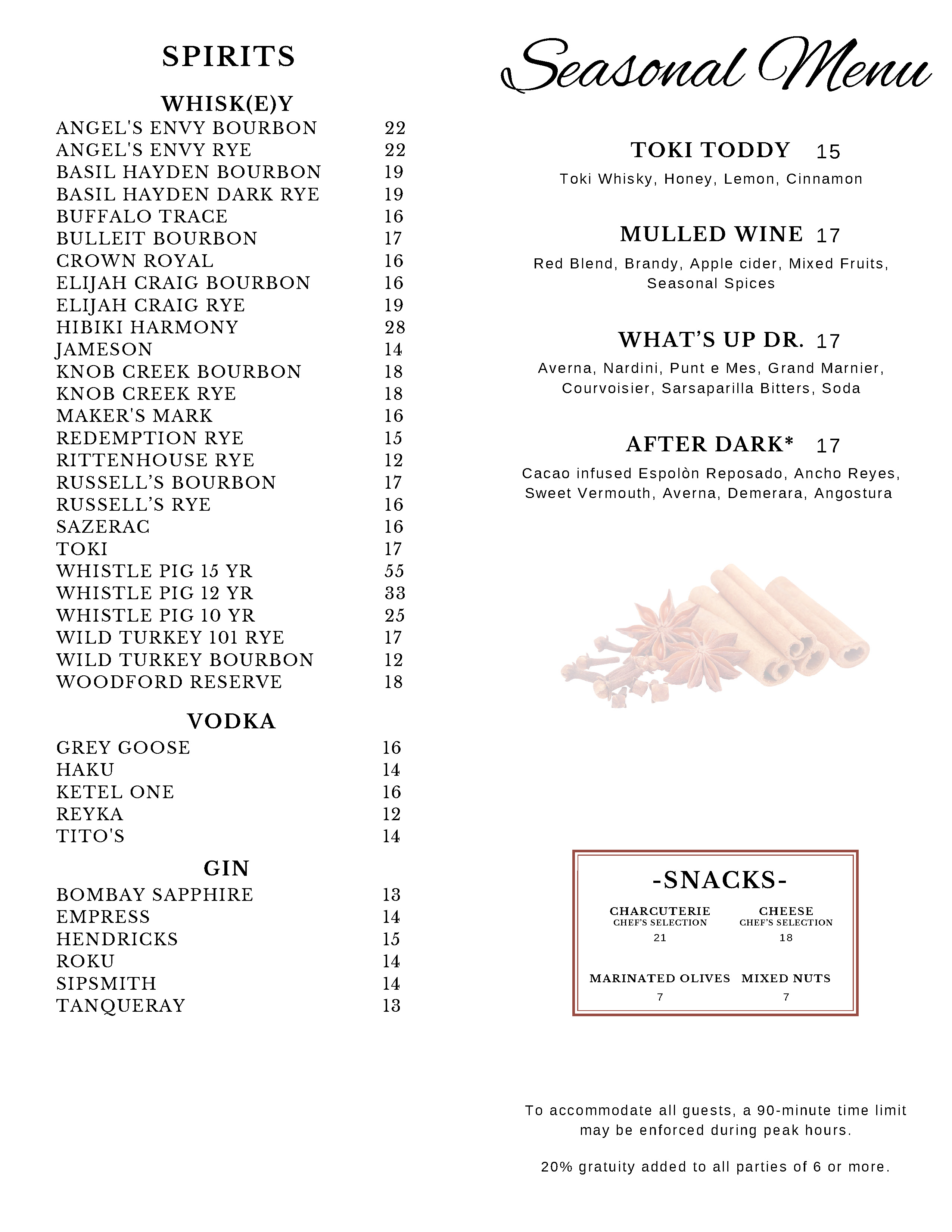 The Up Room Menu Page 2